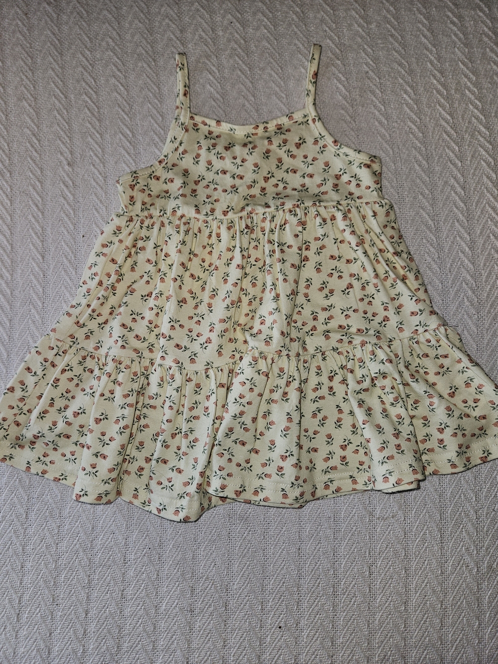 Girls Pale Yellow Floral Tiered Sundress with Pink Rose Motif